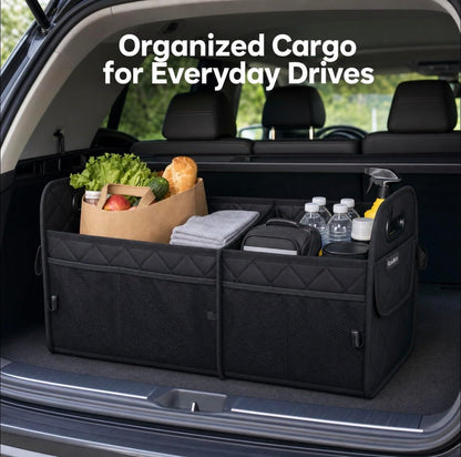 Car Organizer Caddy Oxford Quilted Trunk Organizer, Waterproof Storage Tote with Handles for Front Seat, Backseat, SUV, Truck, Van, Black