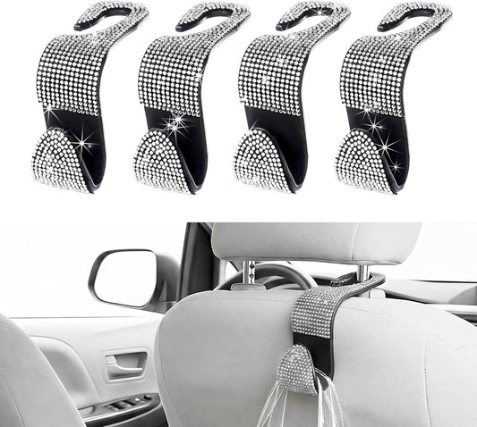 4 PCS Car Seat Headrest Hook, Crystal Rhinestone Seat Hanger Auto Interior Purse Holder, Bling Vehicle Backseat Hangers for Grocery Bags Handbags Coats, Car Accessories (Silver)