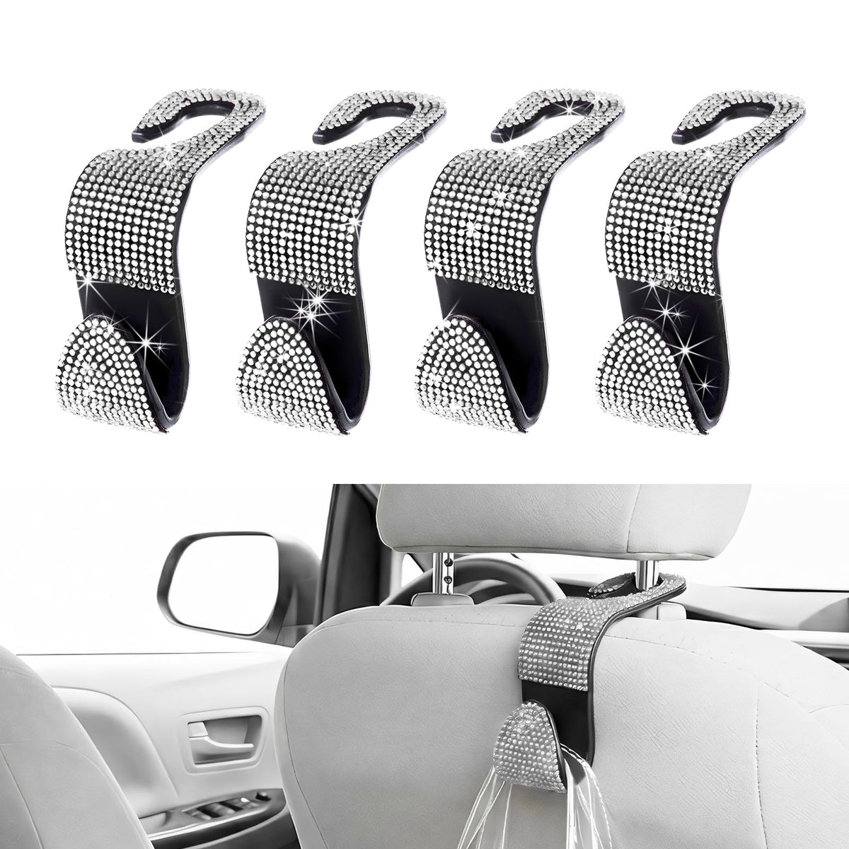 4 PCS Car Seat Headrest Hook, Crystal Rhinestone Seat Hanger Auto Interior Purse Holder, Bling Vehicle Backseat Hangers for Grocery Bags Handbags Coats, Car Accessories (Silver)