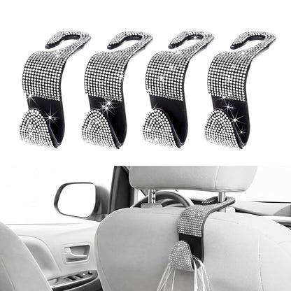 4 PCS Car Seat Headrest Hook, Crystal Rhinestone Seat Hanger Auto Interior Purse Holder, Bling Vehicle Backseat Hangers for Grocery Bags Handbags Coats, Car Accessories (Silver)