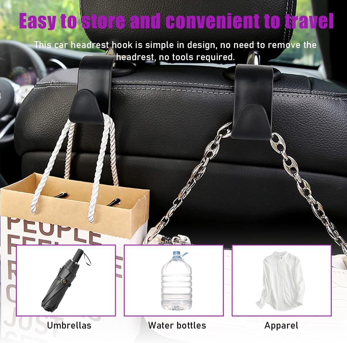 povtii 4 PCS Car Seat Headrest Hooks, Auto Backseat Organizer Hanger Holder, Vehicle Seat Back Storage Hooks for Purse Coat Umbrella Grocery Bag Handbag, Interior Car Accessories (Black)