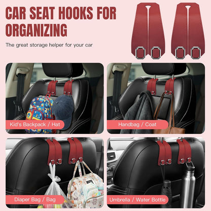 2PCS Car Hooks for Headrest, Faux Leather Purse Hook for Car Seat Back Organizers and Storage, Double Metal Purse Holder Bag Hanger, Universal Car Interior Accessories for Women Man