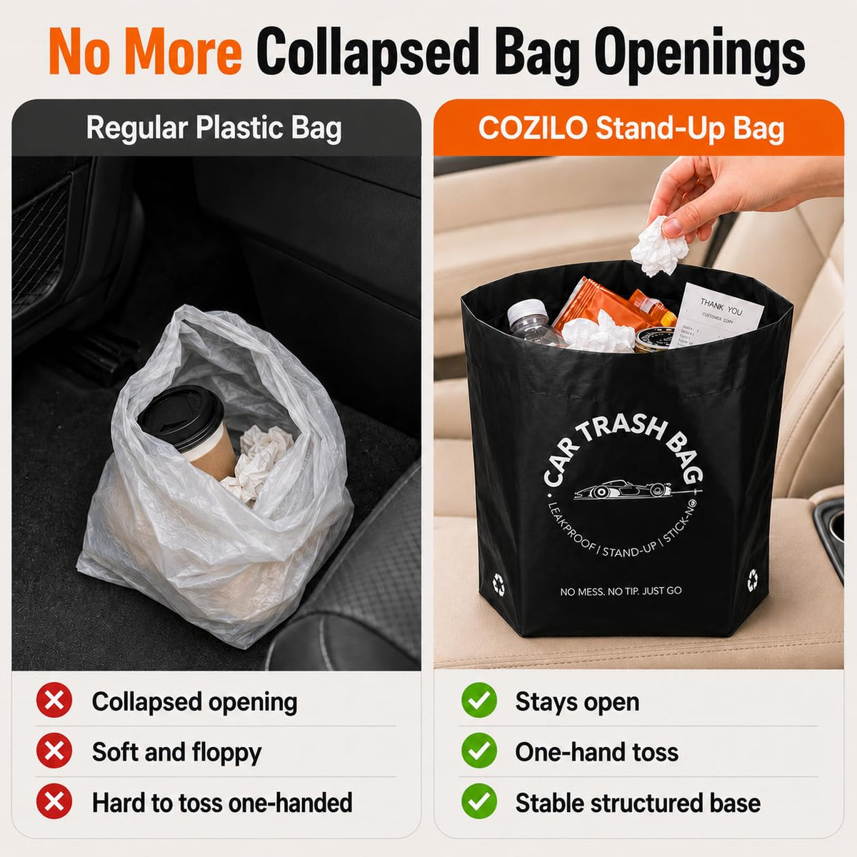 Disposable Car Trash Bags, Stand-Up & Stick-On Car Trash Can Alternative