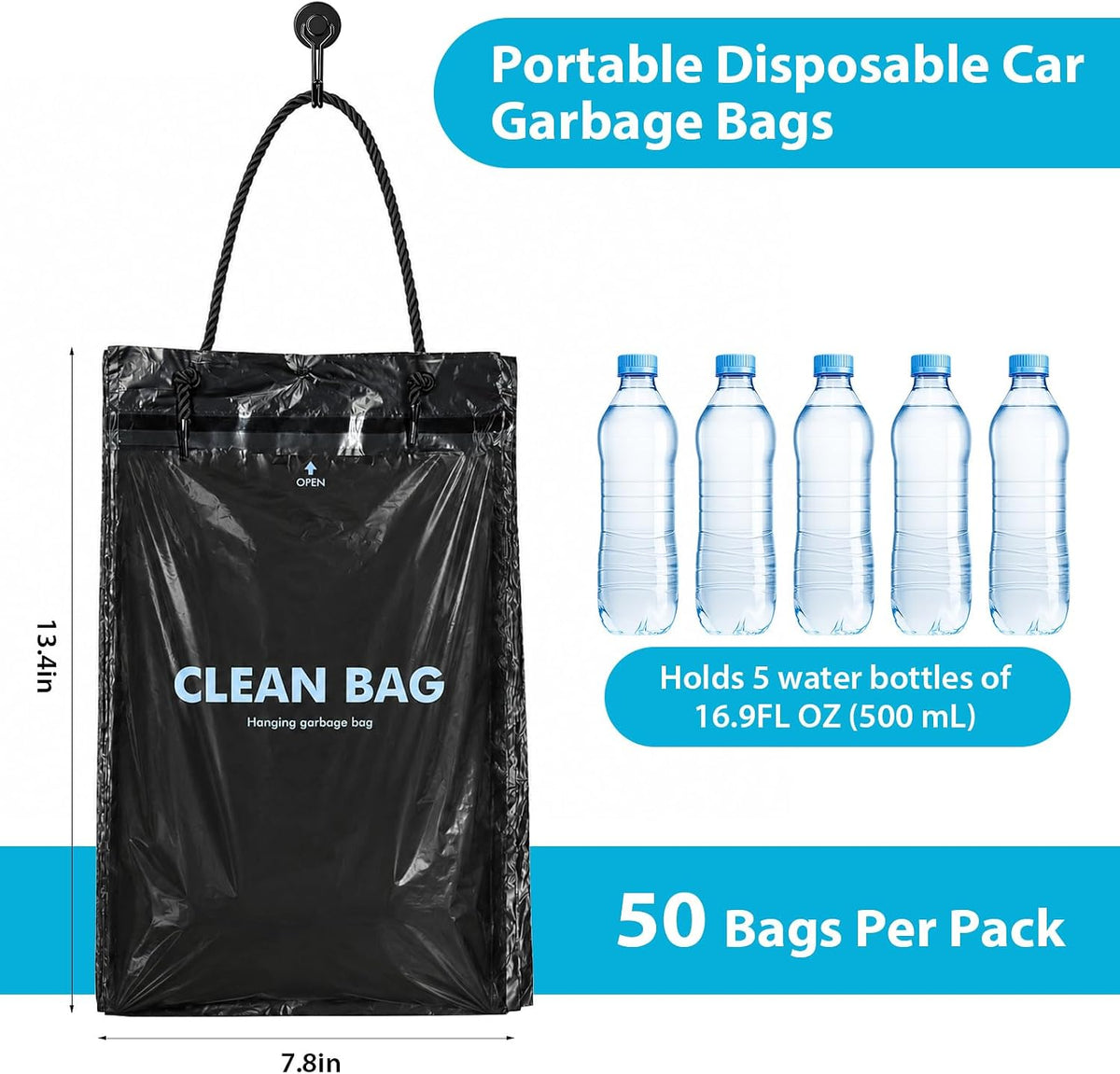 50 PCS Disposable Hanging Car Trash Bags, 2 Gallon Garbage Bag(13.4"x7.8")