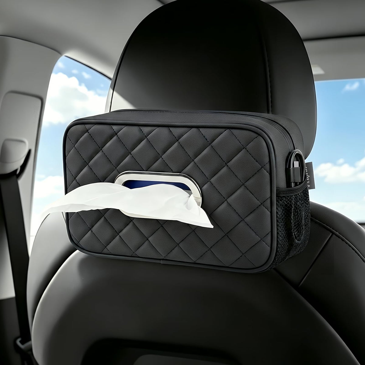 Multi-Functional Car Tissue Holder with ‌2 Storage Nets, Tissue Box Cover