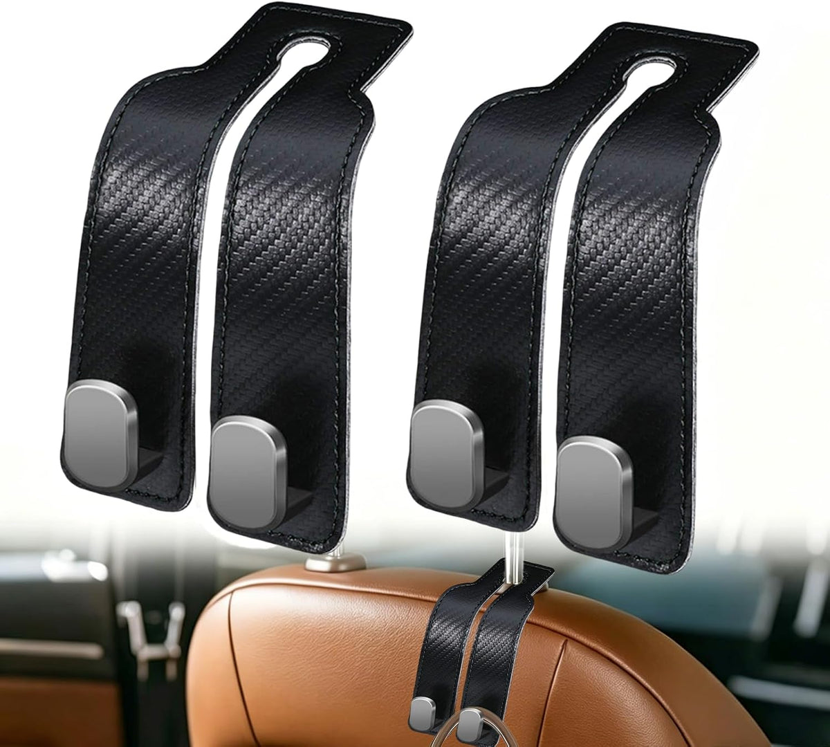 Universial Hooks for Car Seat Headrest, 2Packs Headrest Hooks for Car, Organizer for Purses and Bags, Vehicle Seat Storage Hooks, Essential for Car Travel, Space-Saving, Durable Leather