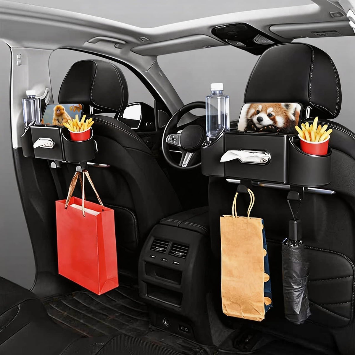 Back Seat Car Organizer,4 in 1 Multifunctional Car Back Seat Storage Box with Drink Cup Holder Tissue Box, for Hold Phone,Snacks, Drinks, Handbag-Black-2Packs