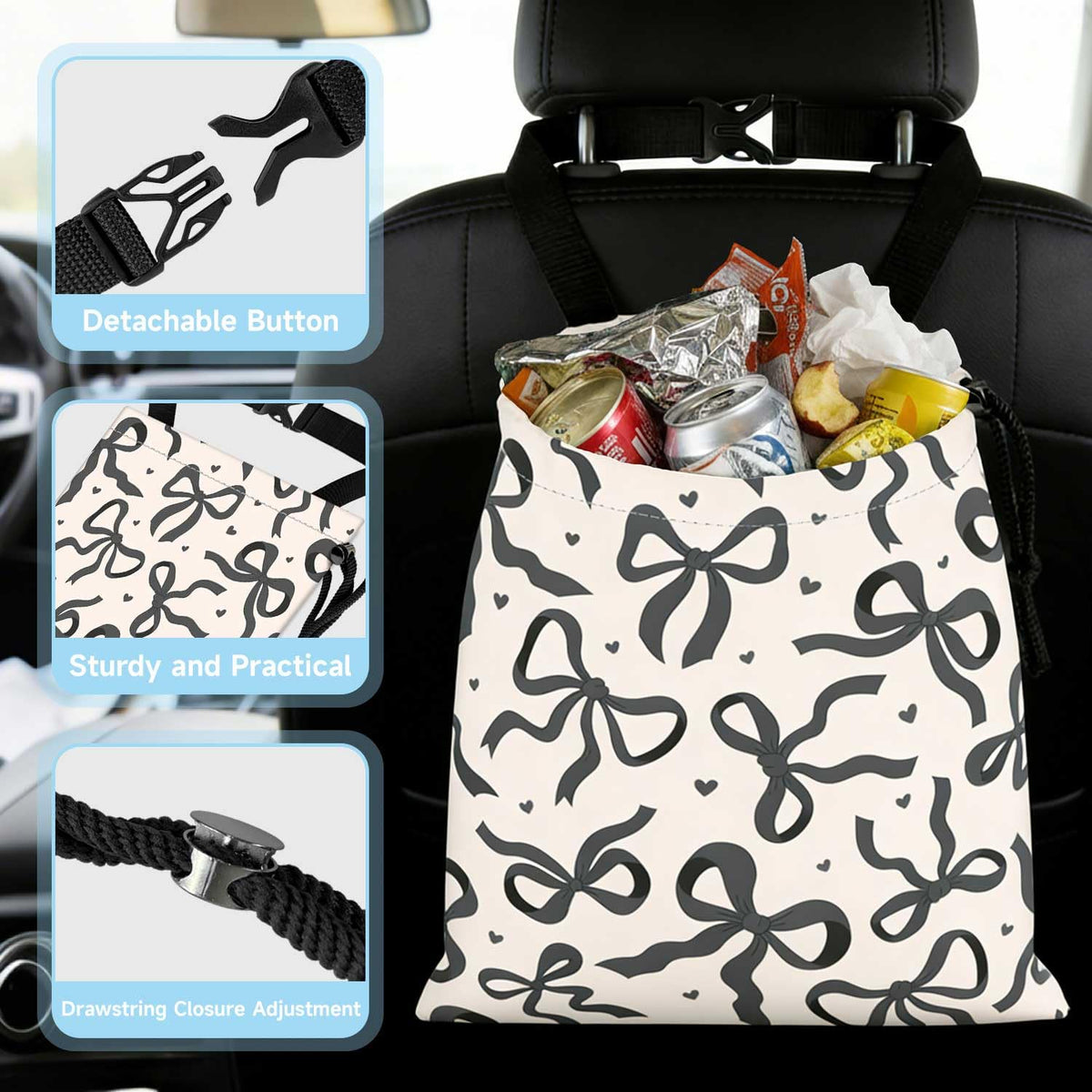 Black Bow Car Trash Bag - Waterproof Car Trash Bag Hanging Leakproof Car Garbage Bag - Washable Reusable Trash Bag for Car Interior Hanging Organizer Storage Vehicle Travelling Camping