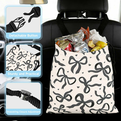 Black Bow Car Trash Bag - Waterproof Car Trash Bag Hanging Leakproof Car Garbage Bag - Washable Reusable Trash Bag for Car Interior Hanging Organizer Storage Vehicle Travelling Camping