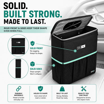 RoadBin Car Trash Can - Slim 4" 2.5 Gallon Hanging Car Garbage Can, Stays Upright, Leakproof and Odor-Sealing Trash Bin for Clean, Clutter-Free Trucks, SUVs and Vans - Designed in the USA