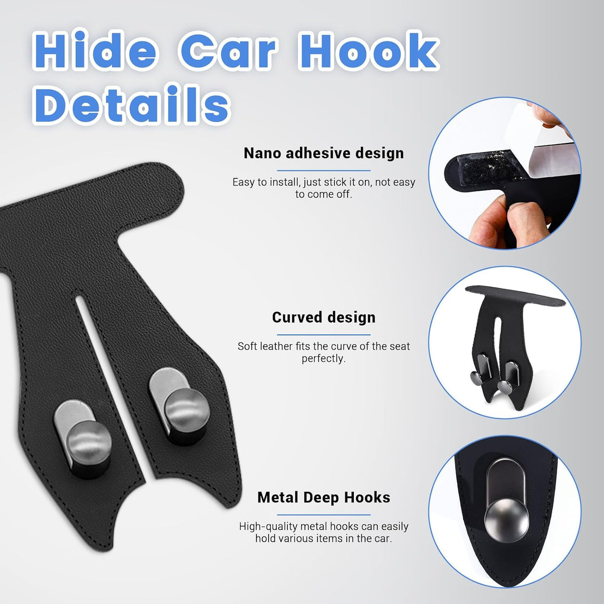 2 Pcs Car Hooks for Passenger Glove Box, Self-Adhesive Headrest Hooks for Car Holder, Leather Car Purse Hook for Bags, Car Seat Back Storage Hook Accessories Organization (Double Front Hook)