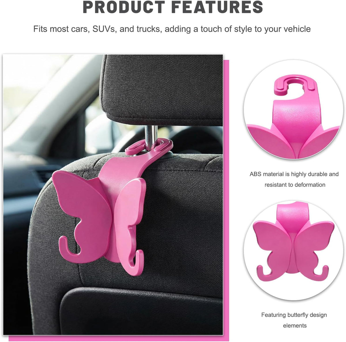 2 PCS Car Seat Headrest Hook, Butterfly Multipurpose Storage Hook Seat Back Purse Holder, Cute Butterfly Headrest Purse Hanger Interior Accessories for Car Truck SUV (Pink)