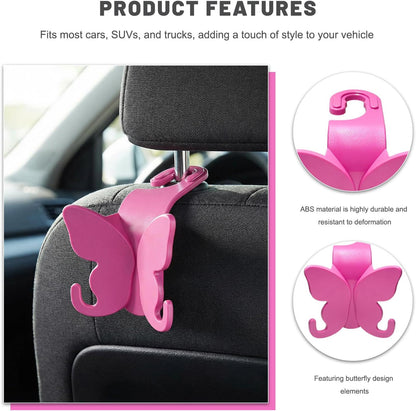 2 PCS Car Seat Headrest Hook, Butterfly Multipurpose Storage Hook Seat Back Purse Holder, Cute Butterfly Headrest Purse Hanger Interior Accessories for Car Truck SUV (Pink)