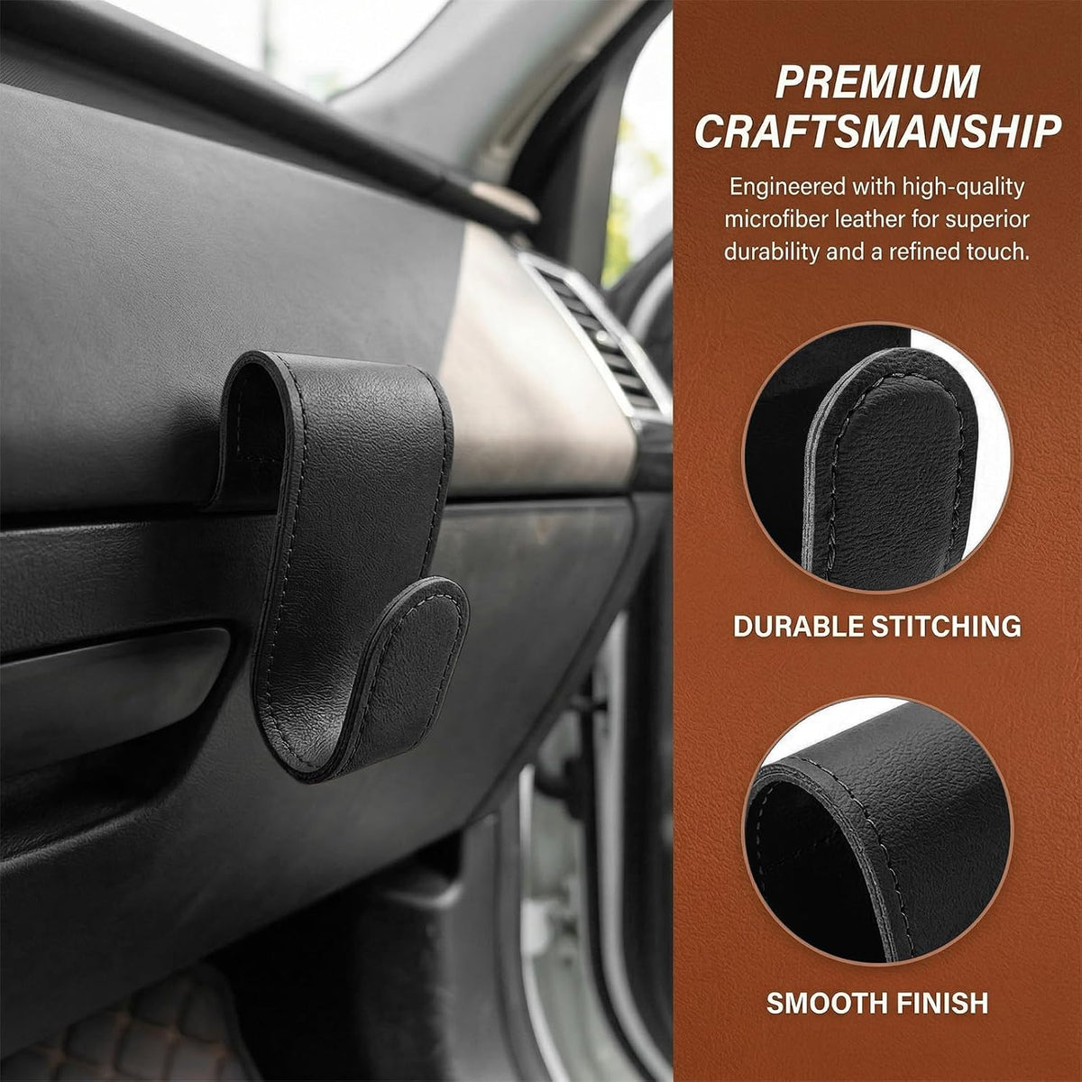 2 PCS Car Co-Pilot Glovebox Hook, Anti-Scratch Leather Passenger Seat Hanger Organizer, Multifunctional Vehicle Interior Seat Storage Hanger for SUVs Sedans Trucks (Black)