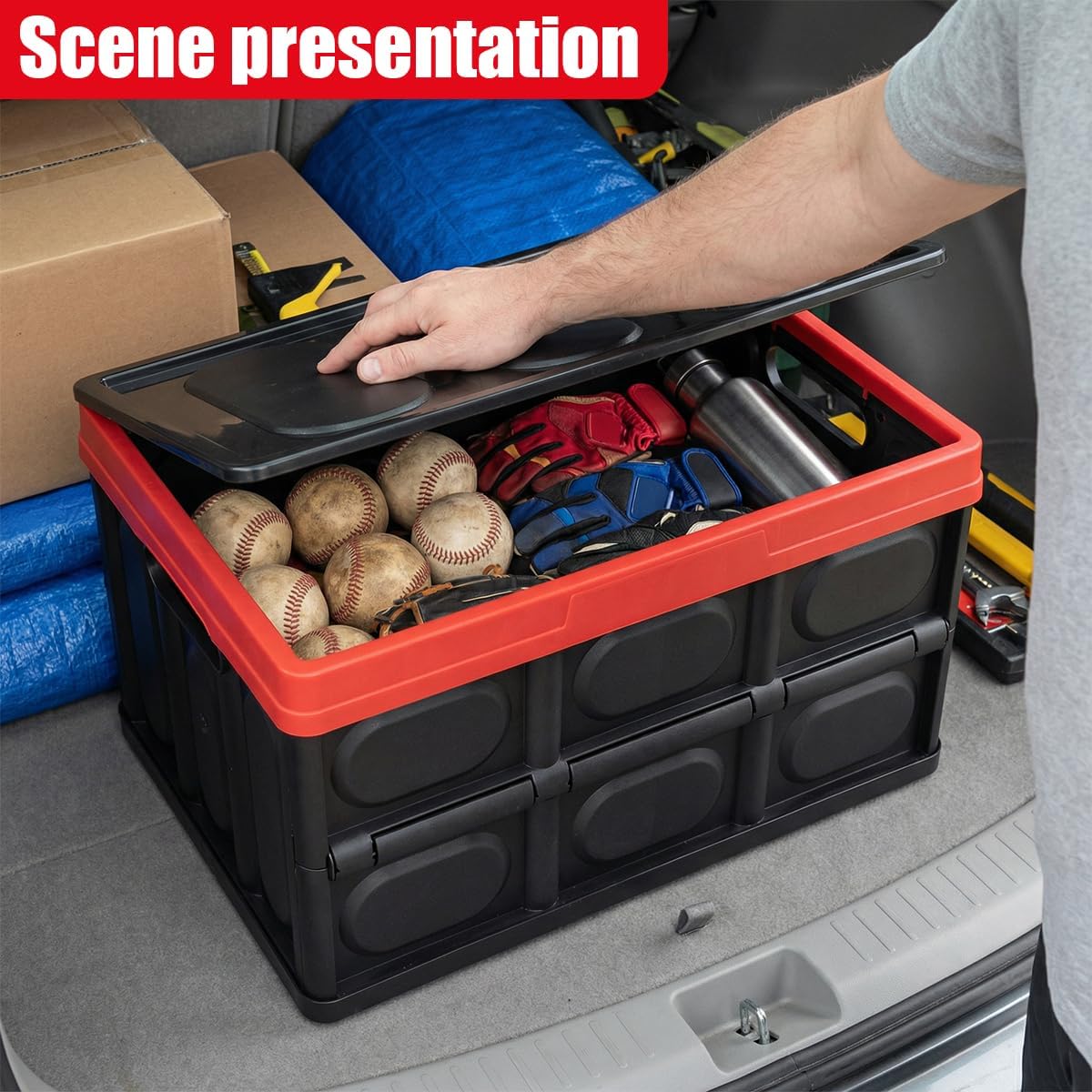 YoRise Car Trunk Organizer, Plastic Waterproof Foldable Car Cargo Storage Box with Lid, Universal Portable Automotive Tool Container Accessories for SUV Truck Sedan (Black)