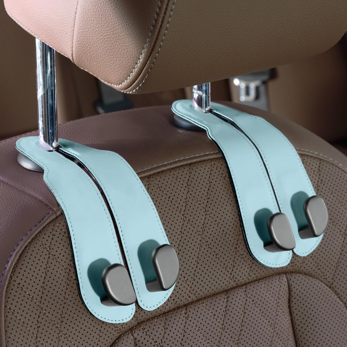 CoBak Purse Hook for Car - Universal Premium Stitched Leather and Aluminum-Magnesium Alloy Double Car Seat Back Storage Hook for Purses, Handbags, Bags (2 Pack),Black