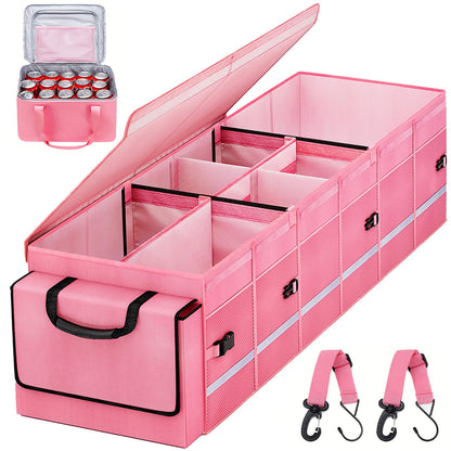 Car Trunk Organizer and Storage with Lid & Removable Leakproof Cooler Bag, Car Accessories 6 Removable Dividers for Custom Space, Collapsible Large Trunk Organizers Interior for SUV Sendan with Cover
