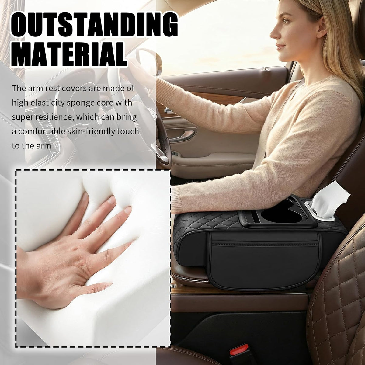 5-in-1 Car Center Console Cover,Leather Car Armrest Cover with Cup Holder/Storage Pocket/Phone Holder/Cars Tissue Holders,Thickened Cars Armrest Storage Box for Relieving Elbow Fatigue (Black)