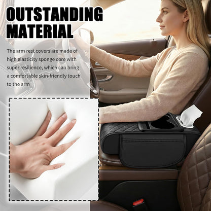 5-in-1 Car Center Console Cover,Leather Car Armrest Cover with Cup Holder/Storage Pocket/Phone Holder/Cars Tissue Holders,Thickened Cars Armrest Storage Box for Relieving Elbow Fatigue (Black)
