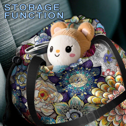 Car Trash Bag Hanging Back of Seat with Adjustable Snap Buckle Strap Cute Printed Drawstring Garbage Bags for Car-Boho Floral