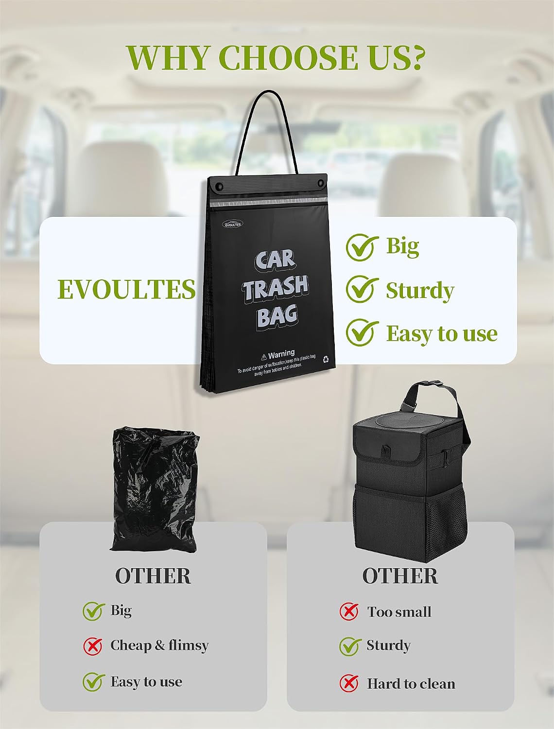 EVOULTES 50 Count Disposable Car Trash Bags, Hanging Trash Bag