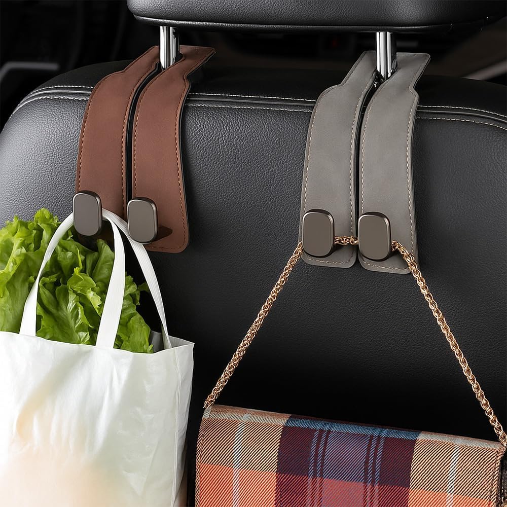 2026 New Car Seat Headrest Hooks for Purses and Bags - Support Car Headrest Hooks for Purses and Bags Coat, Leather Car Bag Purse Holder with Double Hooks (Brown-2PC)