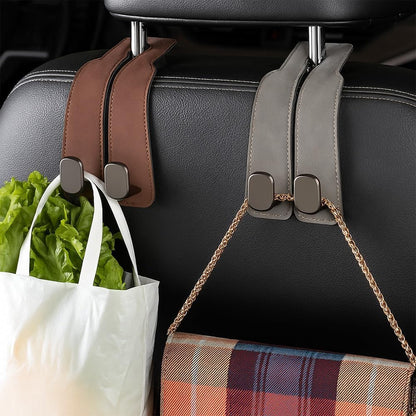 2026 New Car Seat Headrest Hooks for Purses and Bags - Support Car Headrest Hooks for Purses and Bags Coat, Leather Car Bag Purse Holder with Double Hooks (Brown-2PC)