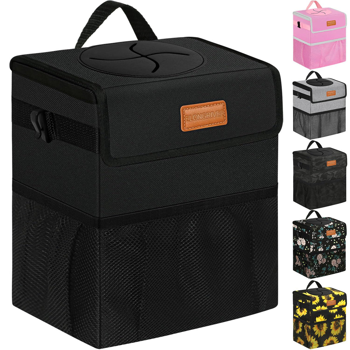 ELONGRIVER Leak Proof Car Trash Can with Lid Black