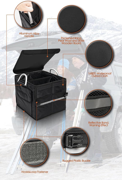 Small Trunk Organizer With Lid, For SUV Car Truck, Black 28L, Foldable Waterproof Oxford Fabric, 2-Compartments With Aluminium Alloy Handle