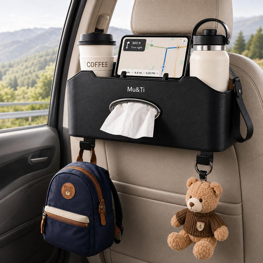 Back Seat Car Organizer with Cup Holders Tissue Box, Phone Stand and Hooks