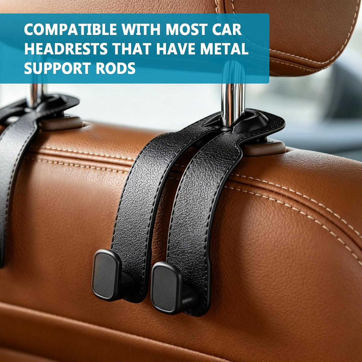 TENOC Car Seat Headrest Hooks, Multifunctional Leather Car Seat Back Organizer Hooks, Heavy Duty Car Interior Storage Accessories for Shopping Bags, Groceries, Clothes, Handbags