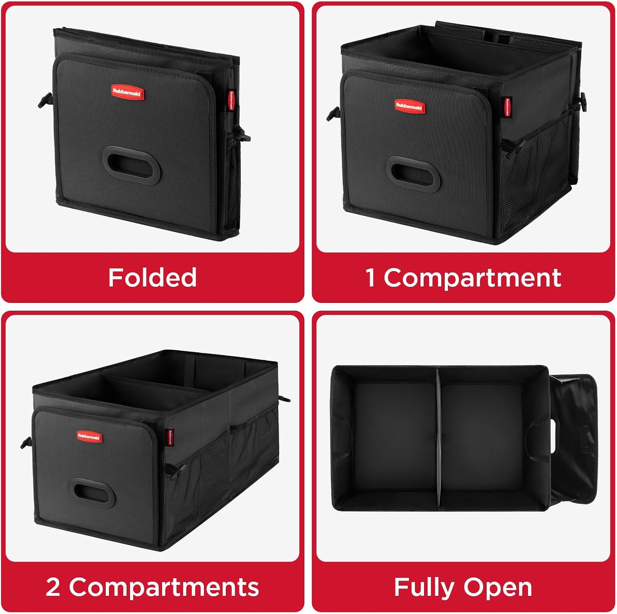 Rubbermaid Car Organizer, Collapsible Trunk Organizer, Multi-Compartment Car Storage Organization for Car Accessories, 2 Compartments-Black