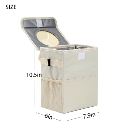 AOKJOY Car Garbage can with lid Leak Proof Vehicle Trash Can 3 Storage Pockets Hanging Waterproof car Trash Bag for SUV Beige