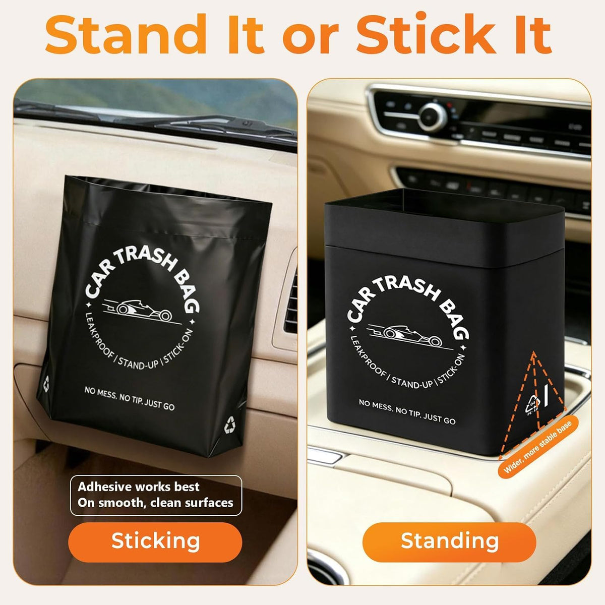 Disposable Car Trash Bags, Stand-Up & Stick-On Car Trash Can Alternative