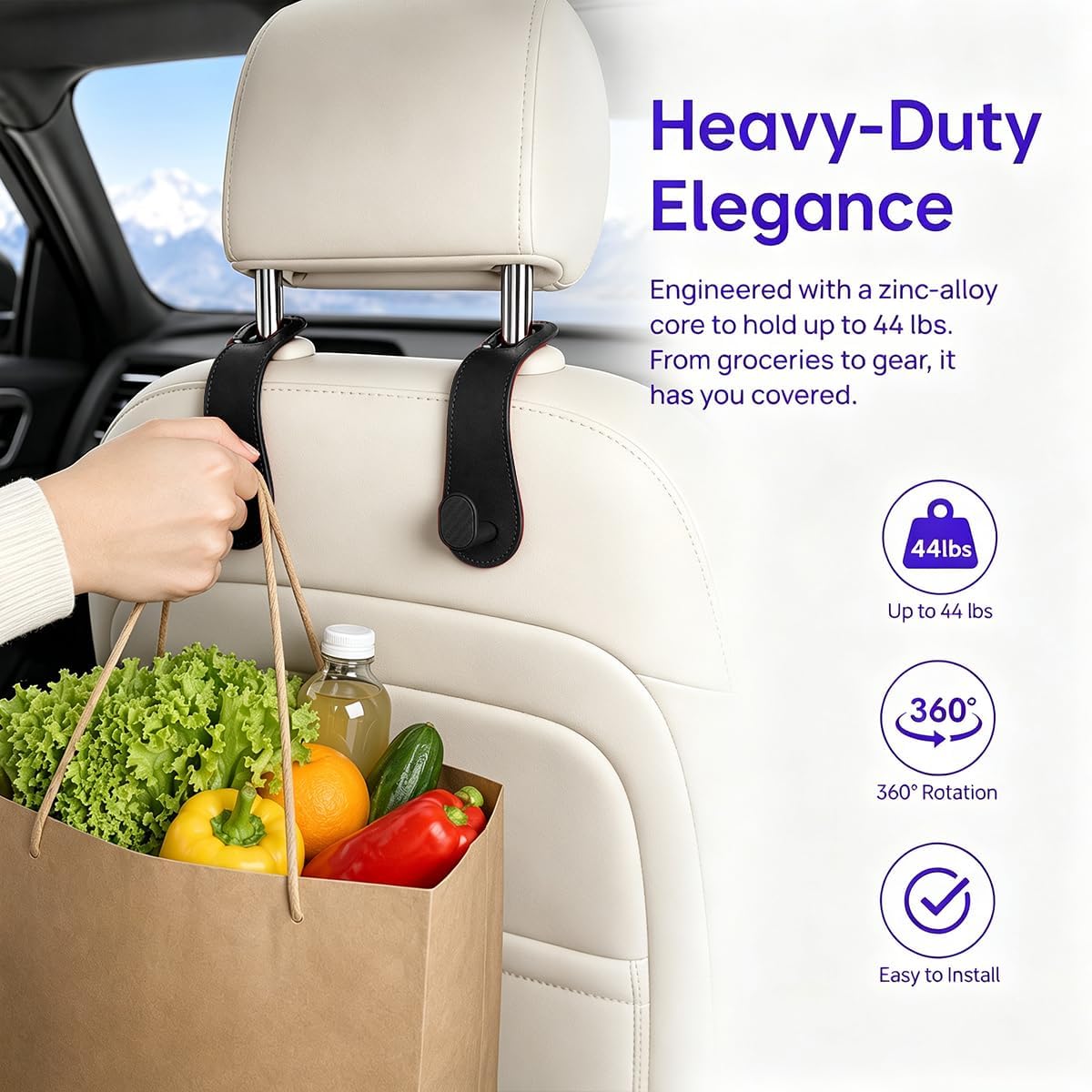 2PCS Car Headrest Hook, Strong Load-Bearing, Hidden Design, Black
