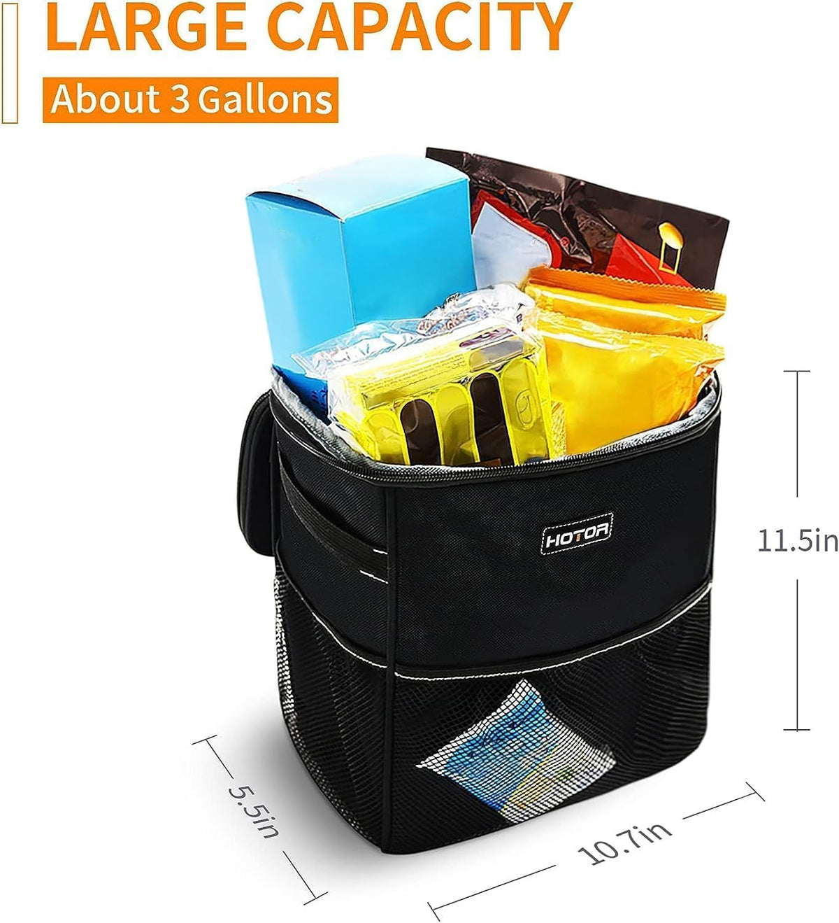 HOTOR Car Trash Can, Leakproof Car Organizer, 3-Gallon, Black