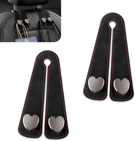 2 PCS Car Seat Headrest Hooks, Suede Cute Heart-shaped Metal Double-ended Purse Hook, Universal Rear Seat Car Kooks, Car Accessories for Women (Black)