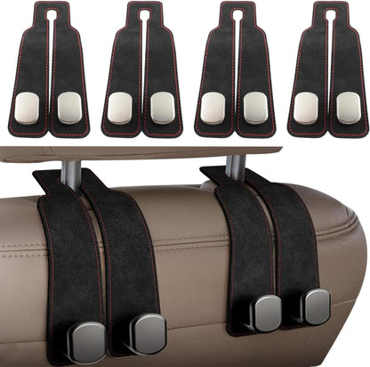 Headrest Hooks - Car Seat Back Double Hook Leather, Purses Hooks (4-Black)