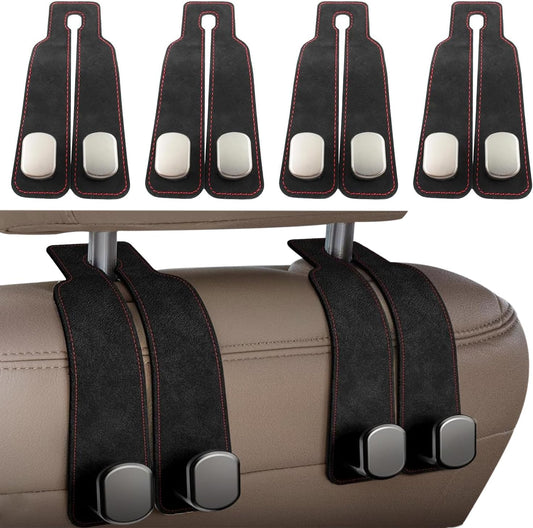 Headrest Hooks - Car Seat Back Double Hook Leather, Purses Hooks (4-Black)