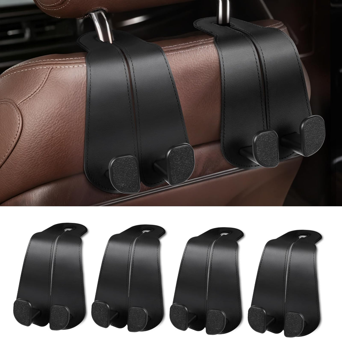 CoBak Purse Hook for Car - Universal Premium Stitched Leather and Aluminum-Magnesium Alloy Double Car Seat Back Storage Hook for Purses, Handbags, Bags (2 Pack),Black