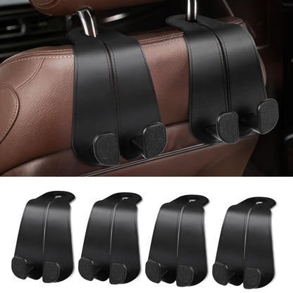 CoBak Purse Hook for Car - Universal Premium Stitched Leather and Aluminum-Magnesium Alloy Double Car Seat Back Storage Hook for Purses, Handbags, Bags (2 Pack),Black