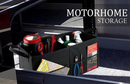 Handy Laundry Car Trunk Organizer – Large 2 Compartment Storage Bin with Non-Slip Fastener, Mesh Side Pockets & Heavy-Duty Handles, 22 x 10 x 11 in, Black – Prevents Shifting & Rolling