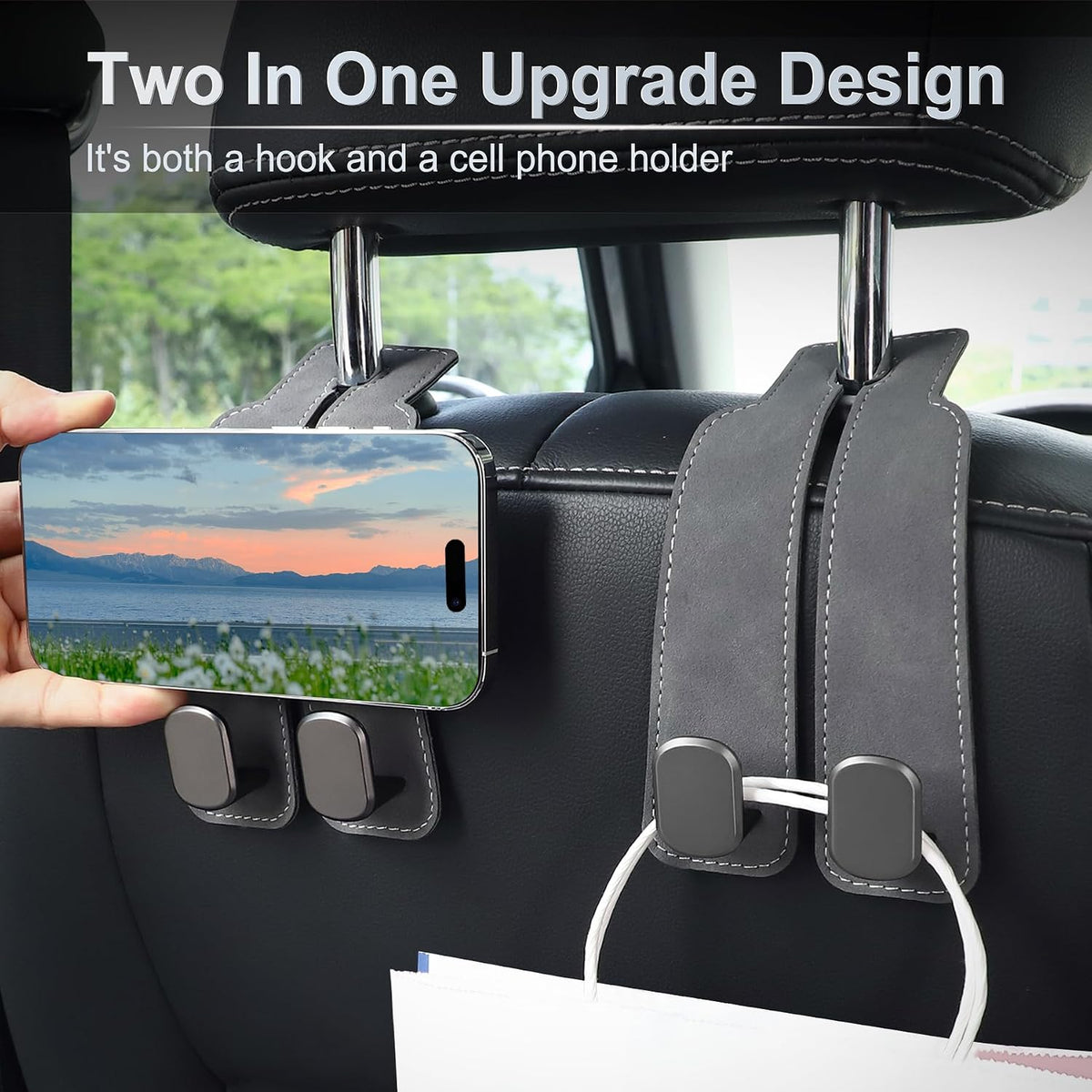 LivTee Headrest Purse Hook for Car, Seat Hook Hangers Storage Organizer for Bags and Coats Holder, Upgrade Leather Double Hook and Mobile Phone Holder for Universal Vehicle Car Accessories (Grey)