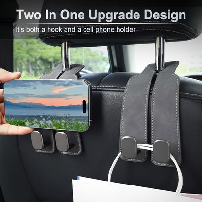 LivTee Headrest Purse Hook for Car, Seat Hook Hangers Storage Organizer for Bags and Coats Holder, Upgrade Leather Double Hook and Mobile Phone Holder for Universal Vehicle Car Accessories (Grey)