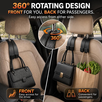 vidonio 2 Pack Leather Headrest Hooks for Car, Double Car Seat Back Storage Hook for Purses, Handbags and Grocery Bags, Heavy Duty Car Purse Holder, Universal Car Seat Headrest Hanger Accessories