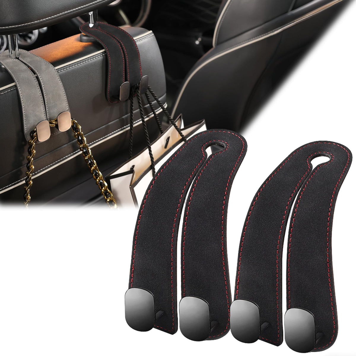 WEIHAO Purse Hook for Car Headrest, Suede Car Seat Back Storage Hook, Aluminum Twin Hooks Leather Car Headrest Hangers, Bag Holder for Sedan, Trucks, SUVs, Most Vehicles (Black-2PCS)