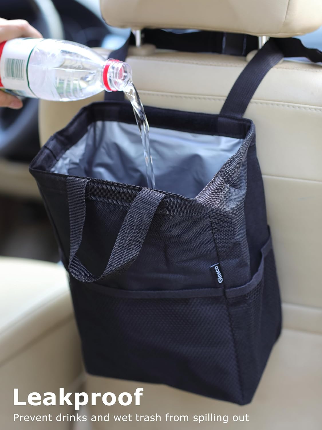 Ginsco New Leak-Proof Travel Trash Bag, Hanging Car Trash Can with Hook and Loop Lid and Handle, Multipurpose Trash Bin with Storage Pockets for Car SUV Truck RV Camping 2 Gallons, Black
