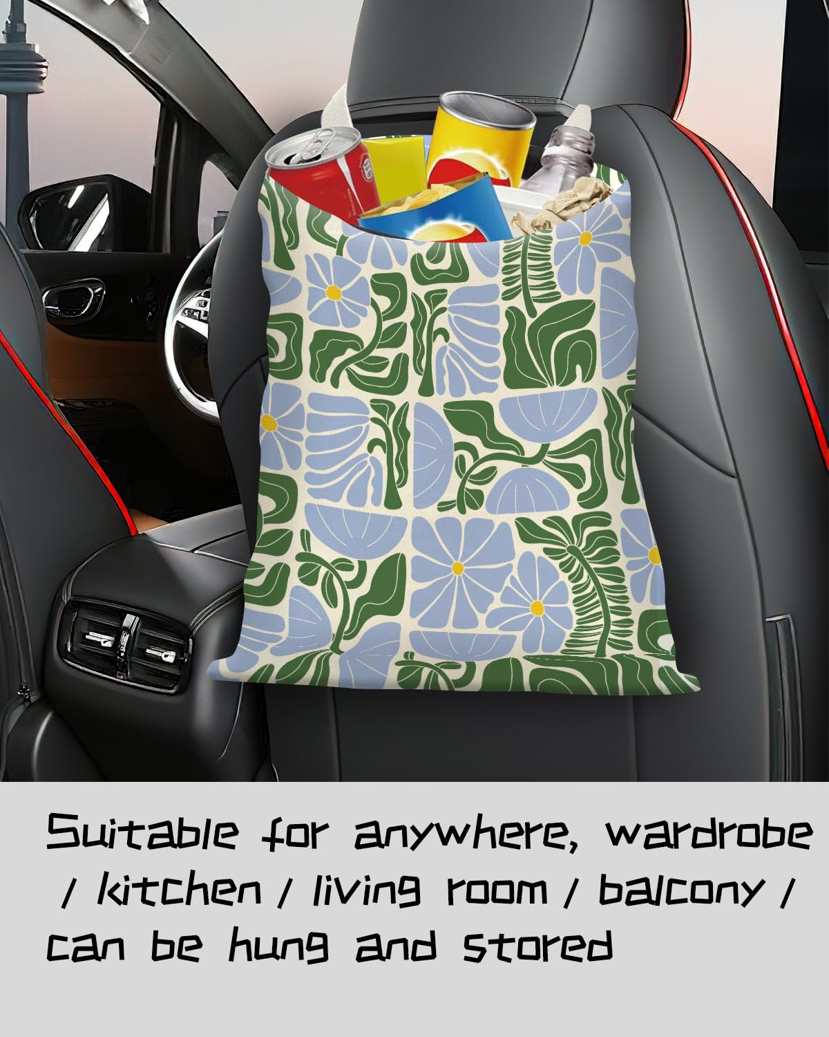 Car Trash Can, Seat Back Hanging Trash Bag, Cute Canvas Garbage Bag, Essential Car Trash Bin Cars Organizers Floral Leaves