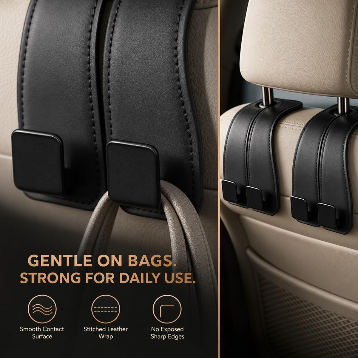 vidonio 2 Pack Leather Headrest Hooks for Car, Double Car Seat Back Storage Hook for Purses, Handbags and Grocery Bags, Heavy Duty Car Purse Holder, Universal Car Seat Headrest Hanger Accessories