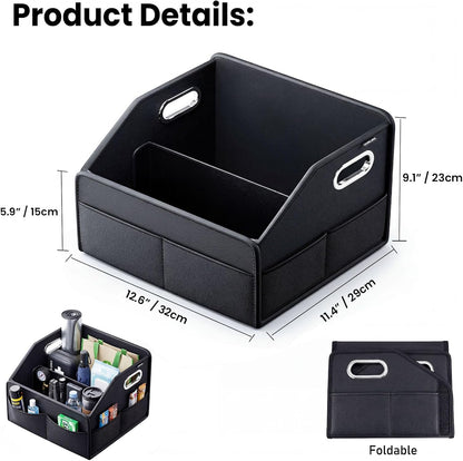 Car Front Seat Organizer - PU Leather Car Storage Box with Metal Handle, Divided Black Car Caddy Organizer for Truck/SUV/RV/Sedan, Universal Car Accessories for Trunk Front Back Seat